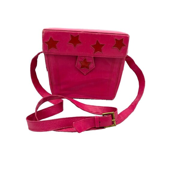 Vintage 80s Barbara Bolin Box Back Hot Pink Stars Cross Body - Picture 1 of 5